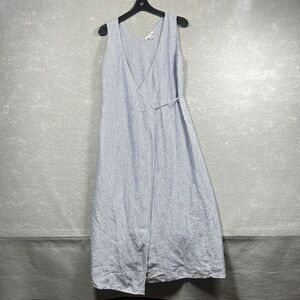 Pure Navy Wrap Dress Medium Blue White Striped Sleeveless Midi Length 100% Linen